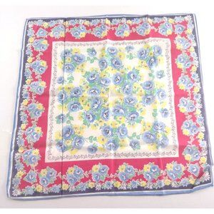 Women's Vintage Handkerchief Hankie Blue Roses Yellow Flowers Red Border Retro